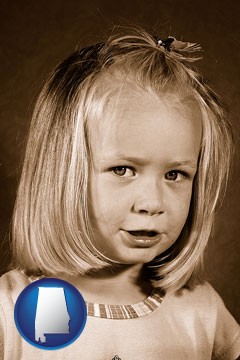 a sepia portrait of a female child - with Alabama icon