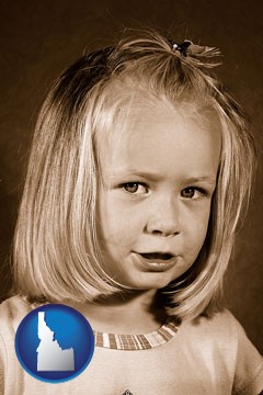 a sepia portrait of a female child - with Idaho icon