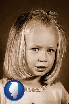 a sepia portrait of a female child - with Illinois icon