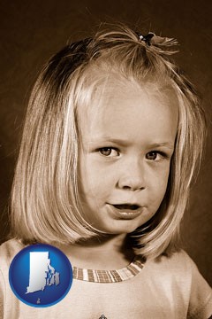 a sepia portrait of a female child - with Rhode Island icon