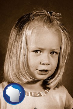 a sepia portrait of a female child - with Wisconsin icon
